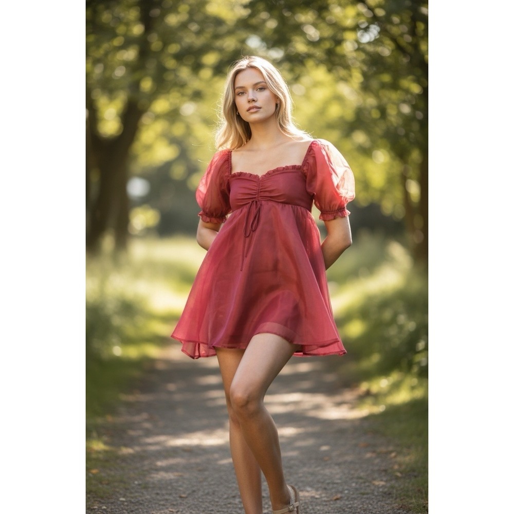 Altar'd State Womens Red Babydoll Dress Puff Sleeves Whimsical Fairytale Size S
